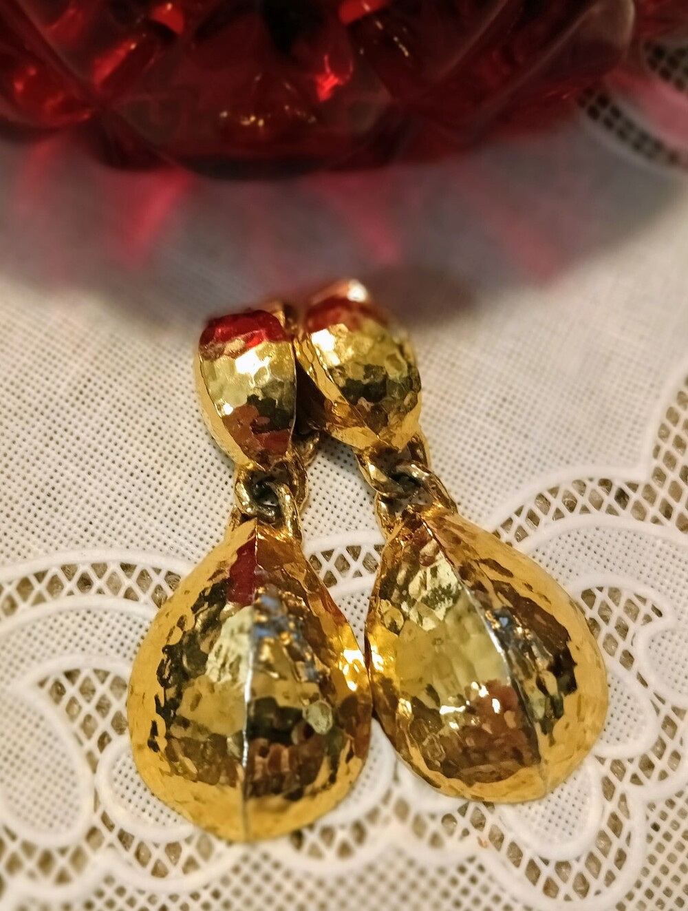 Vintage Gold Tone Hammered Drop Earrings